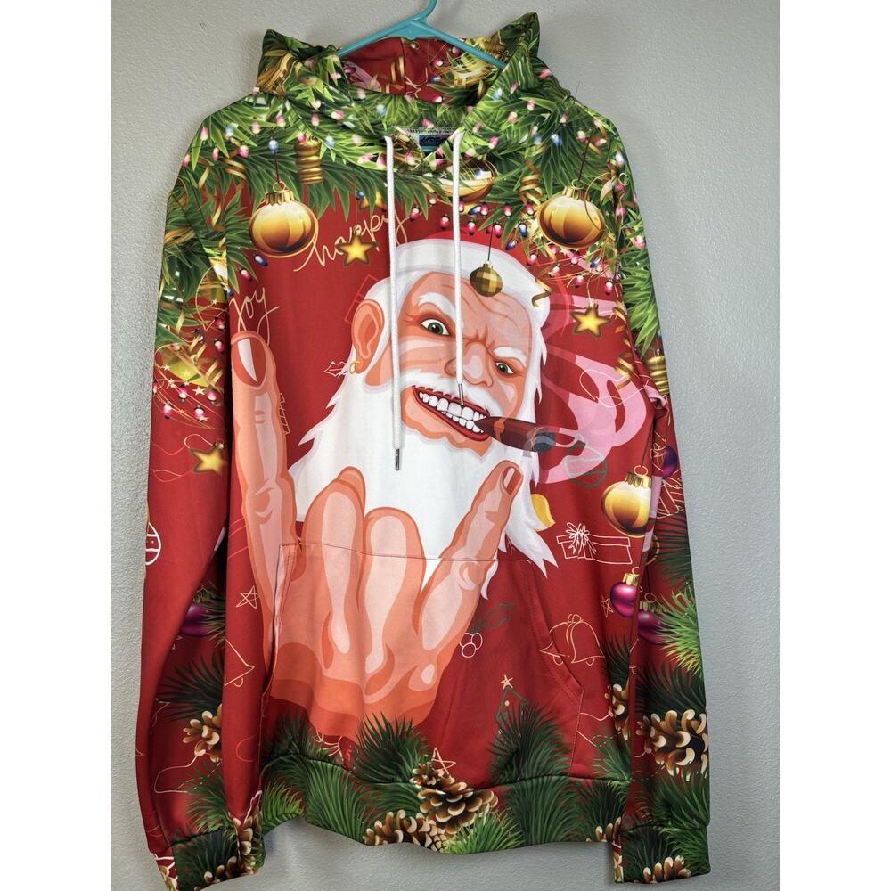 Smoking Santa Ugly Christmas Sweater Men’s Hoodie XL‎ Red Green Holiday Party